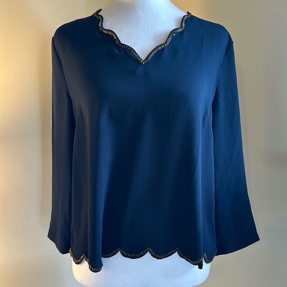 Blue Rain - Navy Beaded Scalloped Blouse - Picture 2 of 13